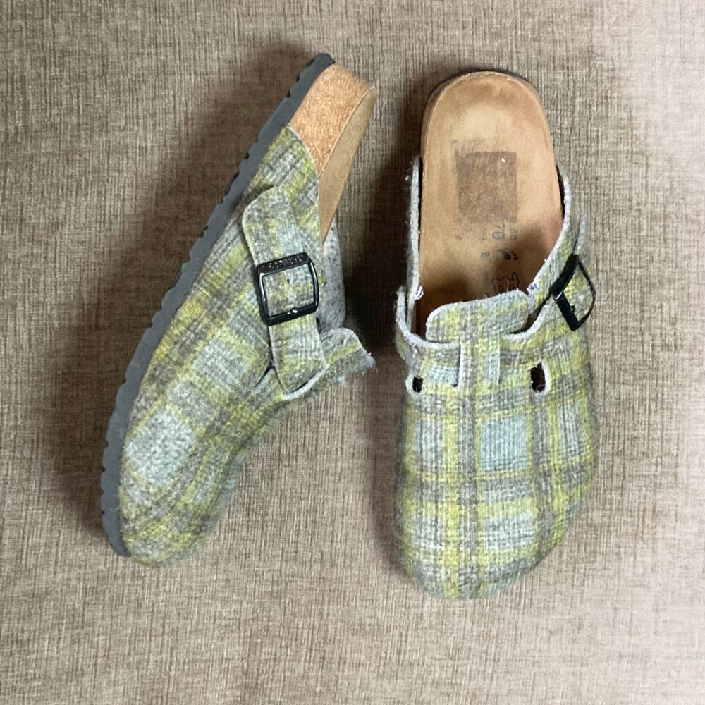 Birki's by Birkenstock Boston Clogs Green Grey Plaid Wool Felt 270 L11 M9